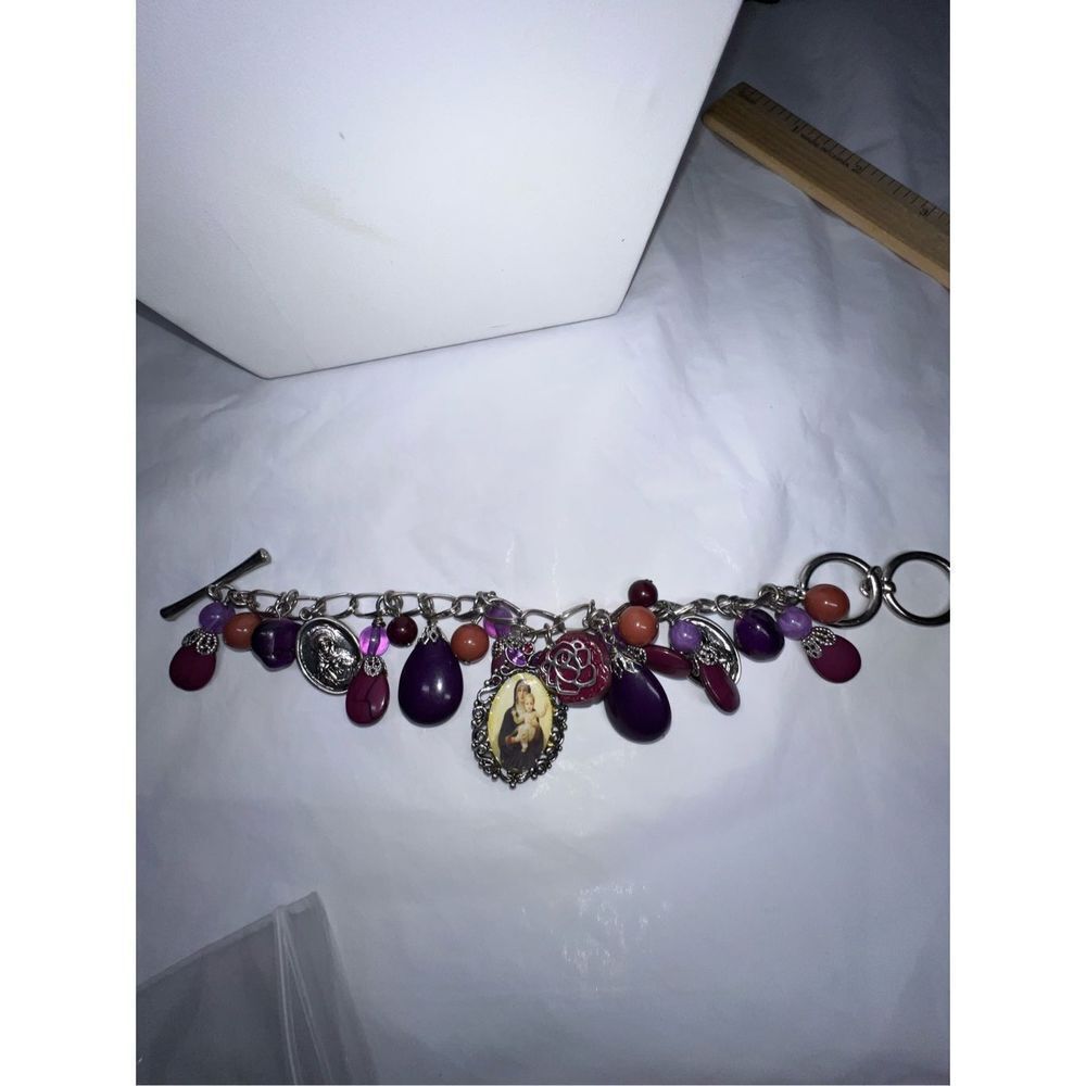 Silver Tone Religious Icon and Beaded Toggle Closure Bracelet